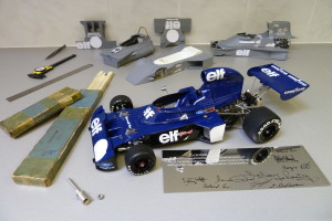 My assembled tribute to Derek Gardner in 1/12 scale (001, 006 and two 007’s), plus Derek's own slide-rule.